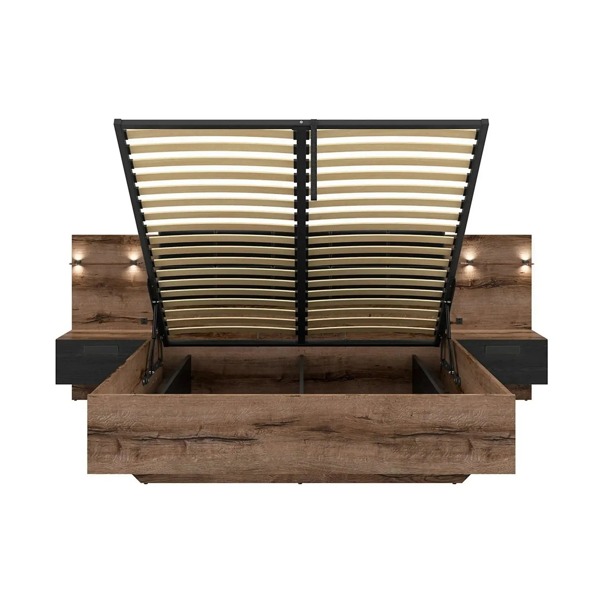 Pat KASSEL 160x200, nuc/negru, PAL/piele ecologica, cu somiera, spatiu depozitare, iluminare LED si 2 noptiere integrate