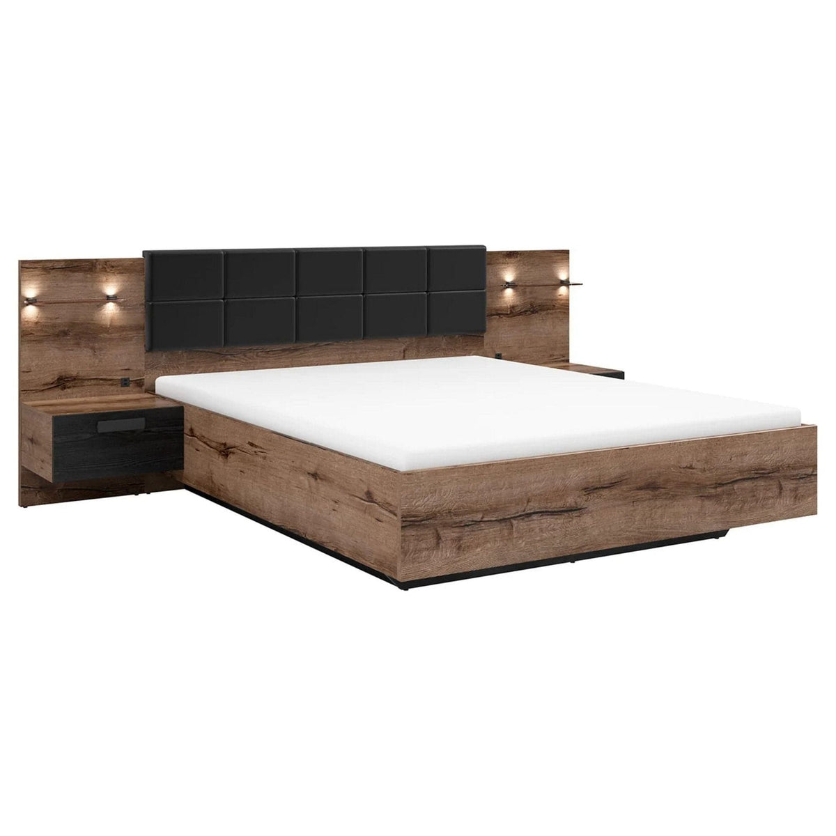 Pat KASSEL 160x200, nuc/negru, PAL/piele ecologica, cu somiera, spatiu depozitare, iluminare LED si 2 noptiere integrate