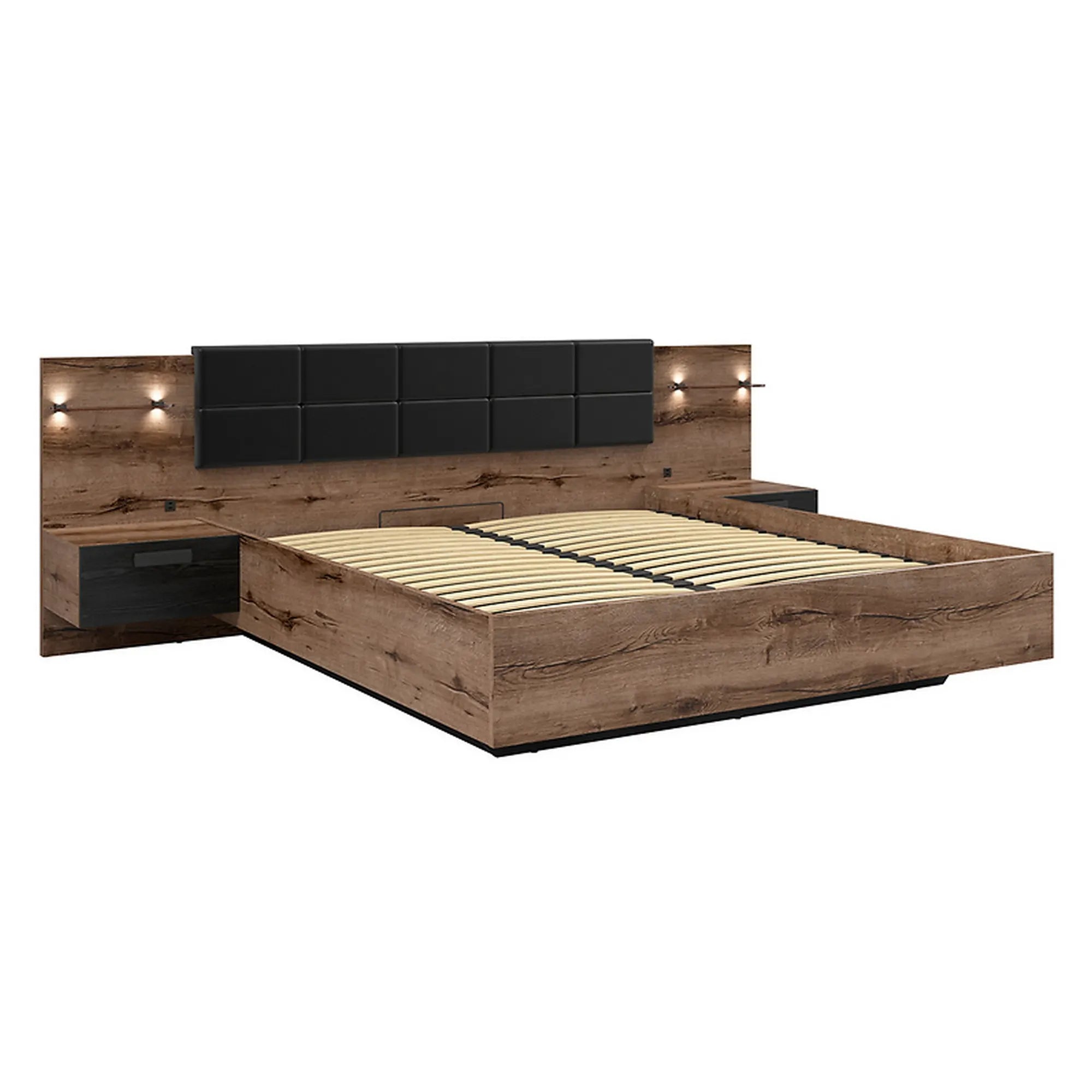 Pat KASSEL 160x200, nuc/negru, PAL/piele ecologica, cu somiera, spatiu depozitare, iluminare LED si 2 noptiere