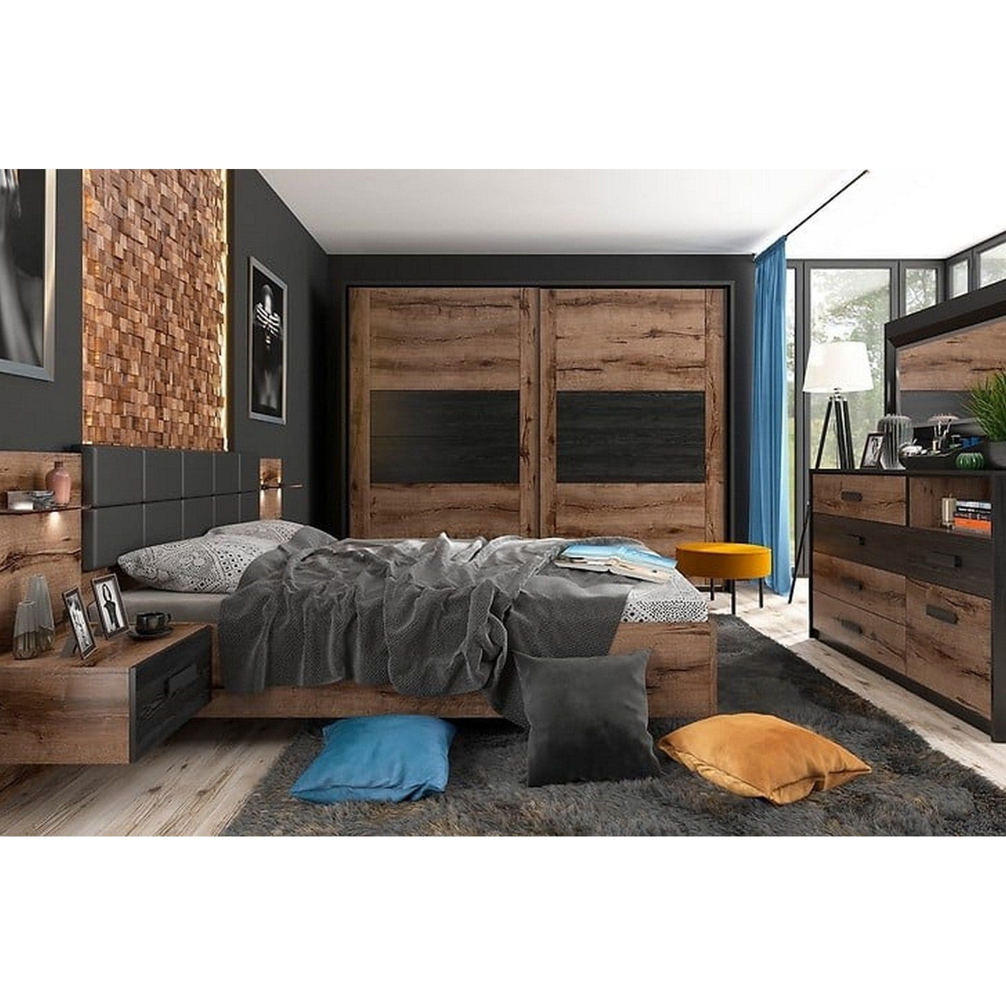 Pat KASSEL 160x200, nuc/negru, PAL/piele ecologica, cu somiera, spatiu depozitare, iluminare LED si 2 noptiere integrate