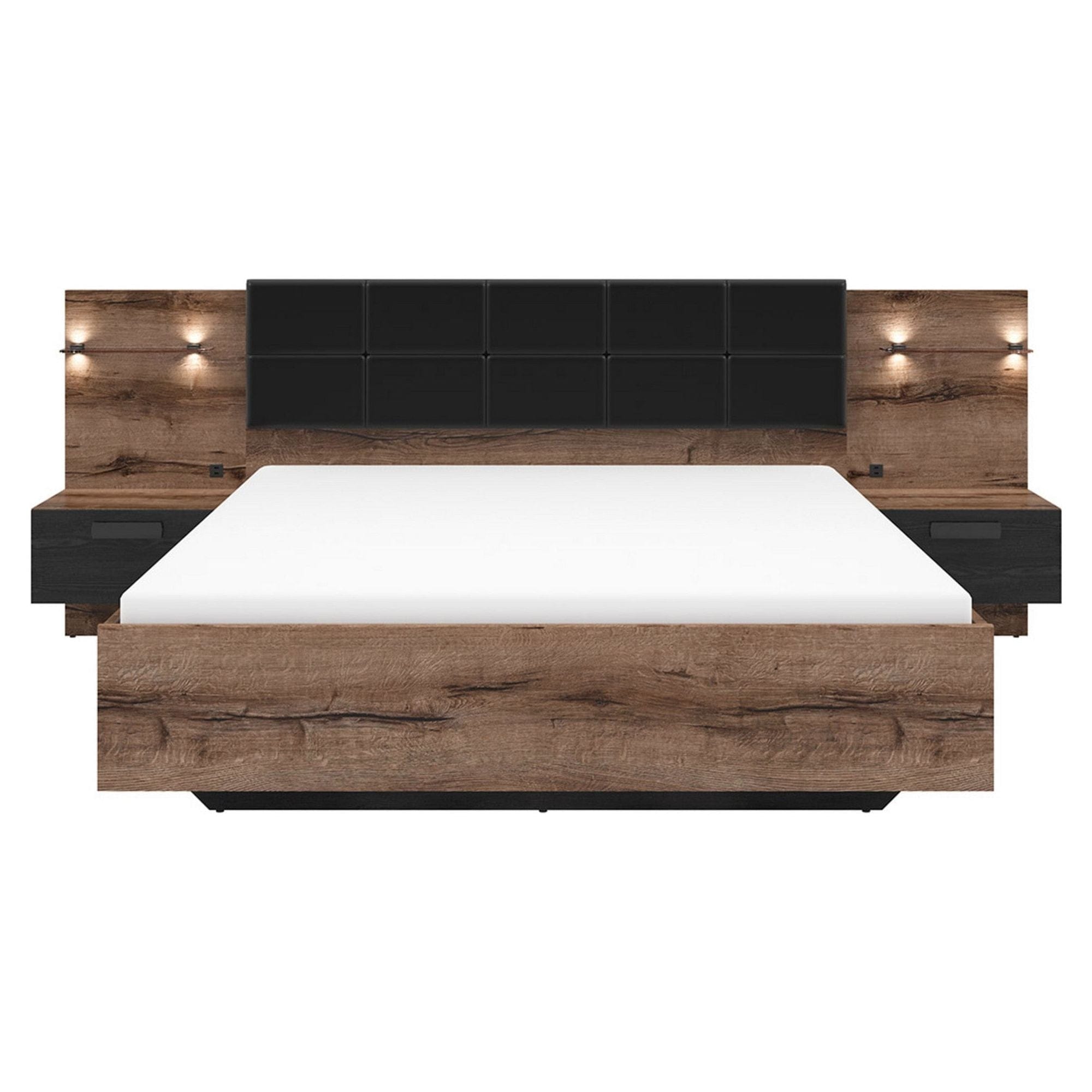 Pat KASSEL 160x200, nuc/negru, PAL/piele ecologica, cu somiera, spatiu depozitare, iluminare LED si 2 noptiere integrate