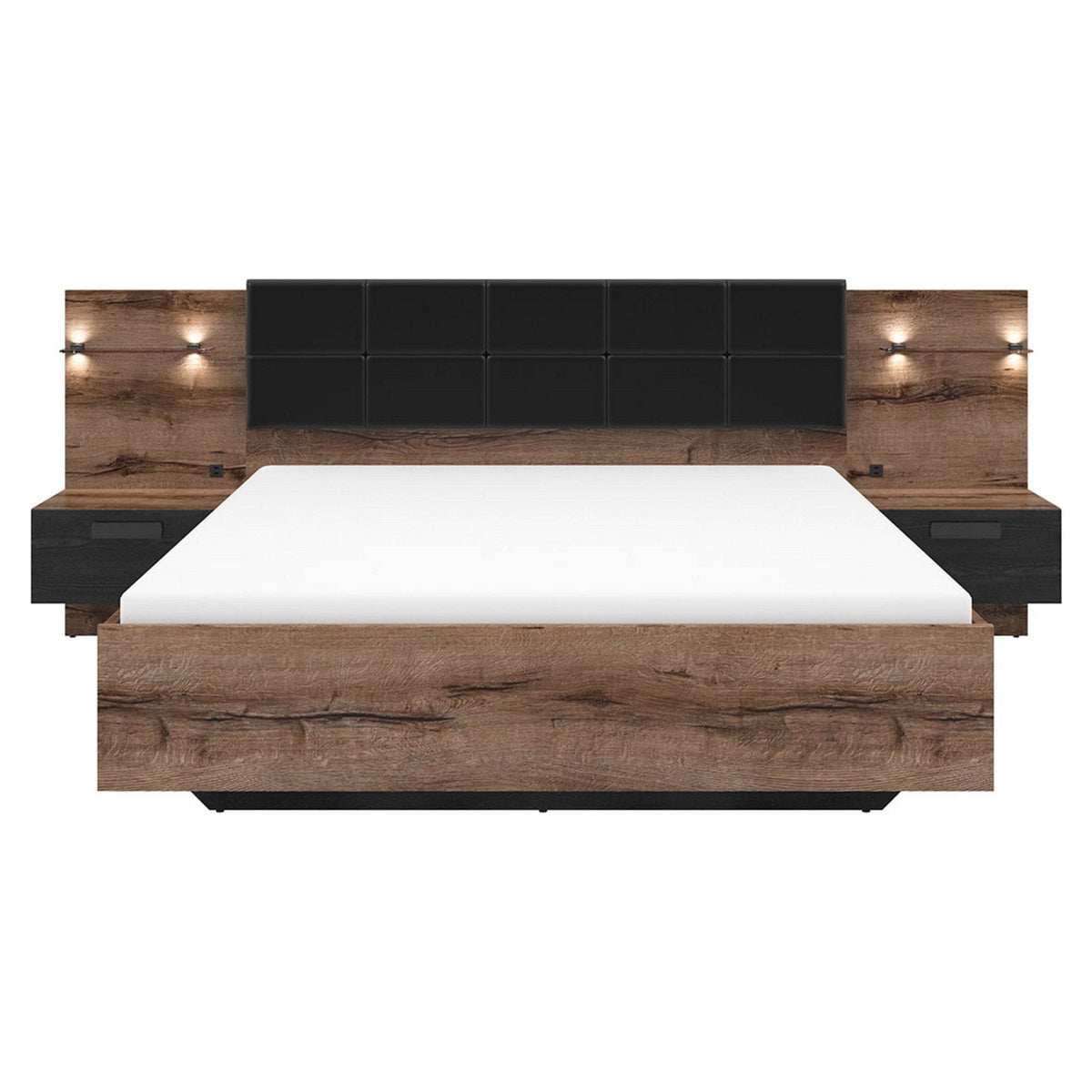 Pat KASSEL 160x200, nuc/negru, PAL/piele ecologica, cu somiera, spatiu depozitare, iluminare LED si 2 noptiere integrate