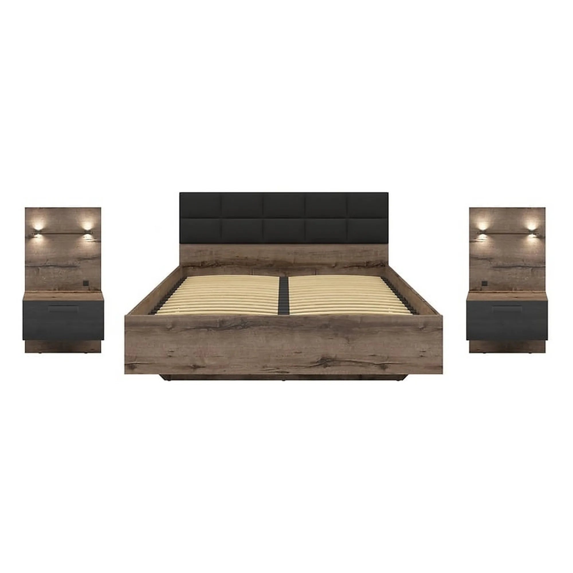 Pat KASSEL 160x200, nuc/negru, PAL/piele ecologica, cu somiera, spatiu depozitare, iluminare LED si 2 noptiere