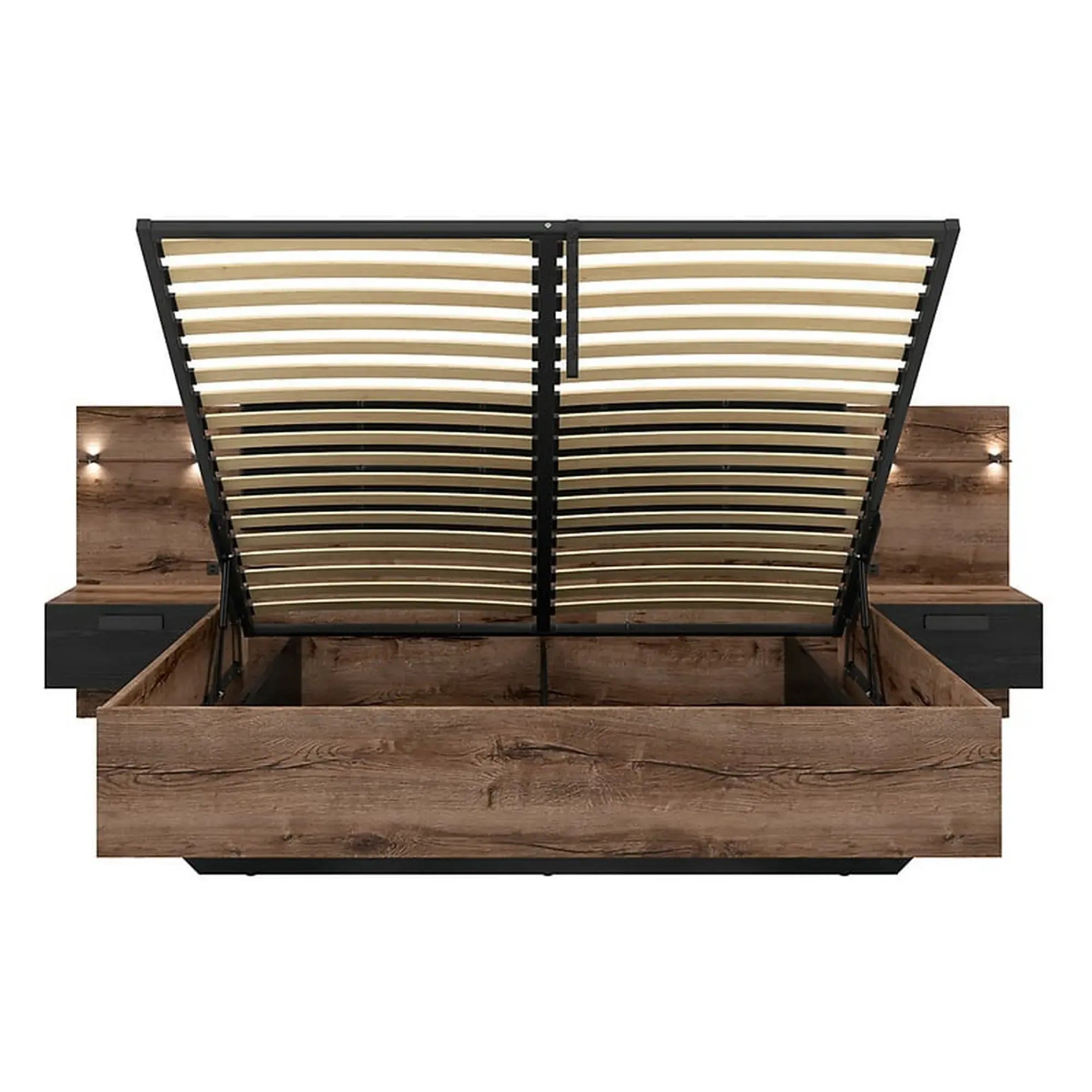 Pat KASSEL 160x200, nuc/negru, PAL/piele ecologica, cu somiera, spatiu depozitare, iluminare LED si 2 noptiere integrate