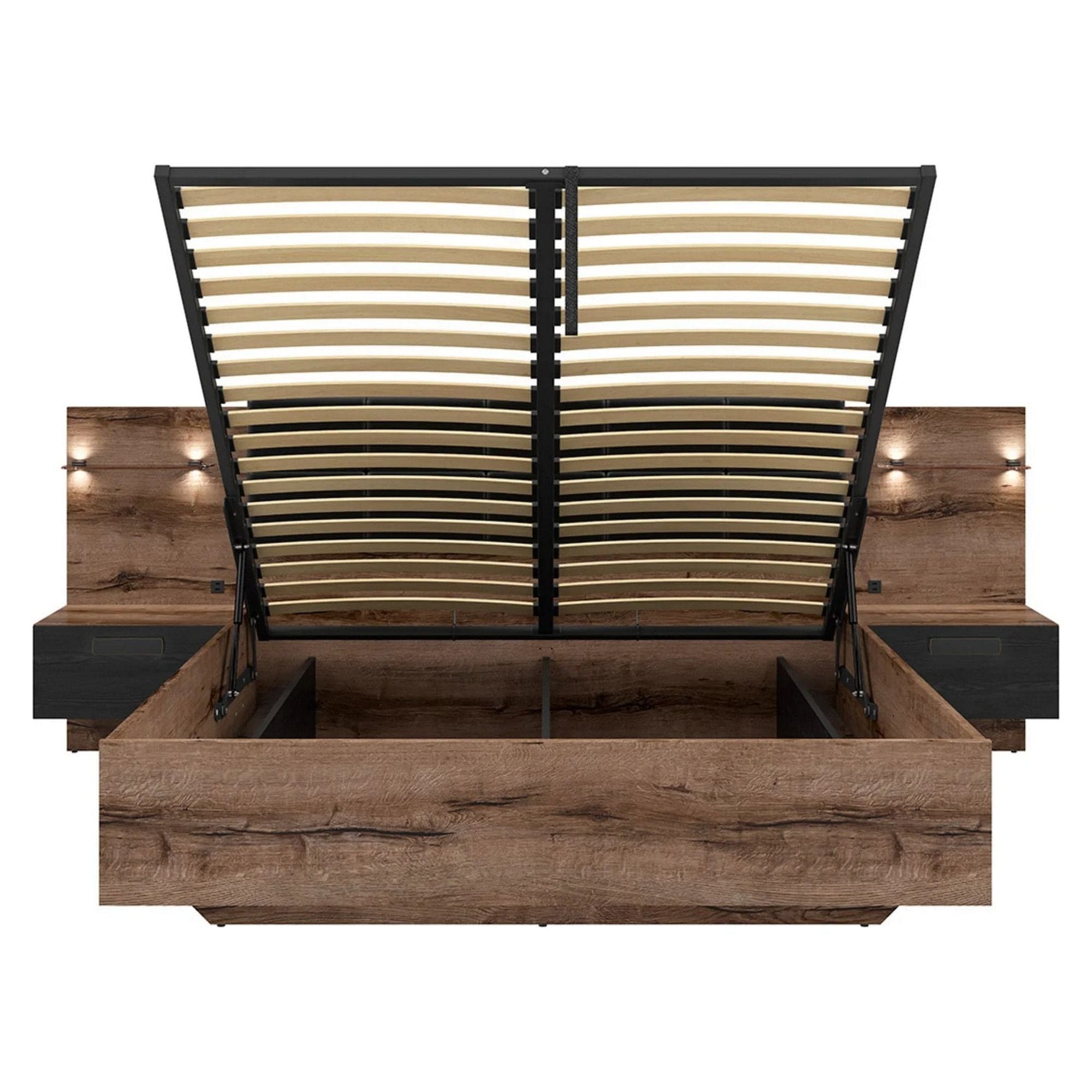 Pat KASSEL 160x200, nuc/negru, PAL/piele ecologica, cu somiera, spatiu depozitare, iluminare LED si 2 noptiere integrate