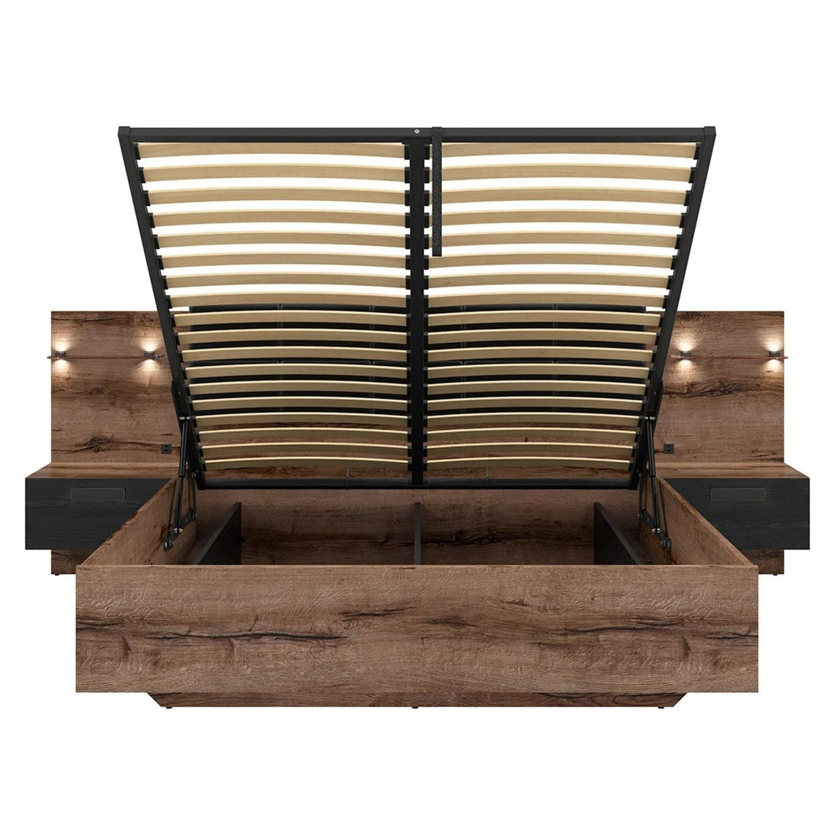 Pat KASSEL 160x200, nuc/negru, PAL/piele ecologica, cu somiera, spatiu depozitare, iluminare LED si 2 noptiere integrate