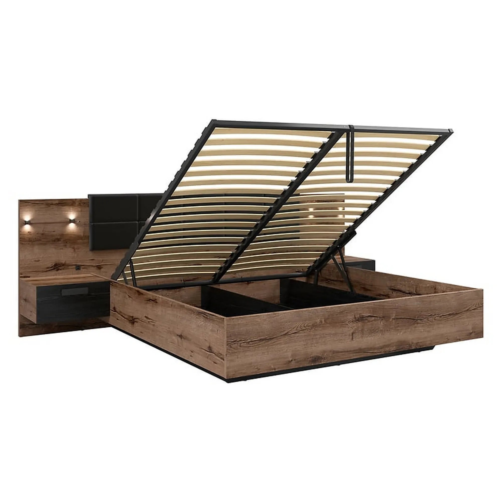 Pat KASSEL 160x200, nuc/negru, PAL/piele ecologica, cu somiera, spatiu depozitare, iluminare LED si 2 noptiere