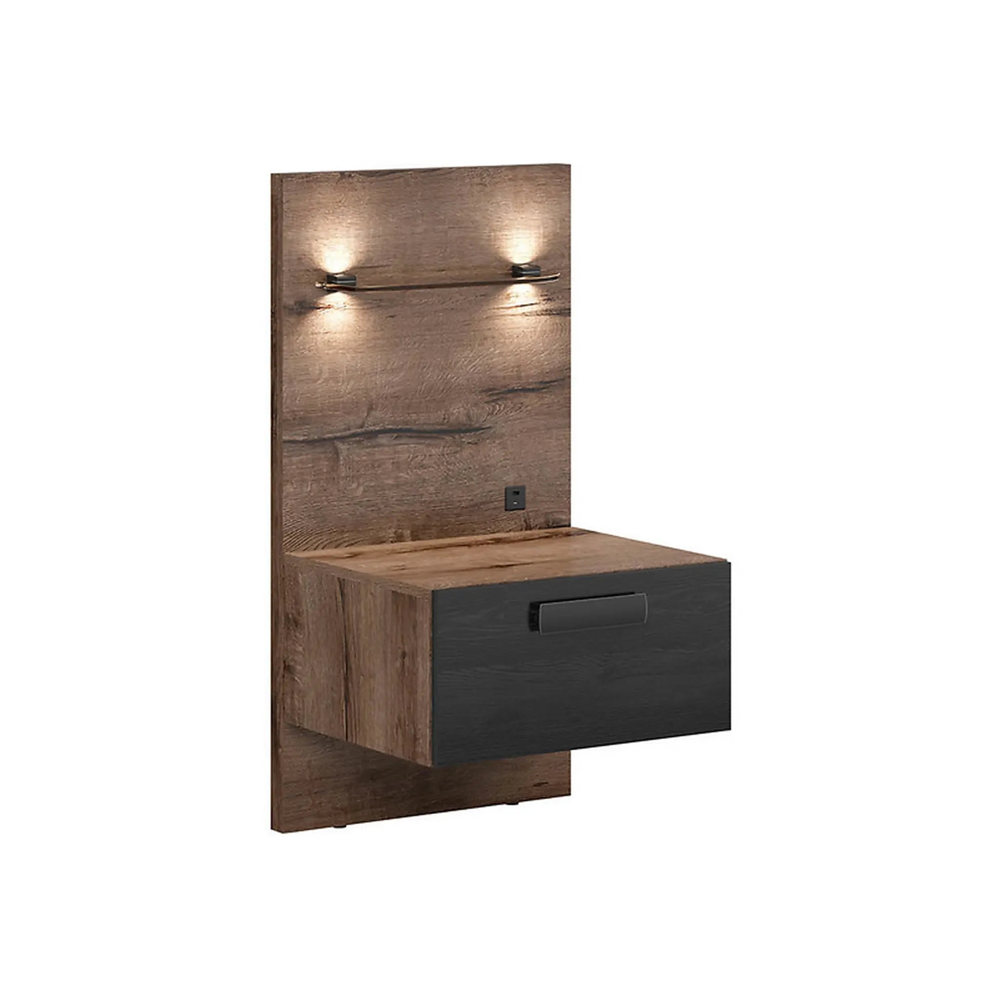 Pat KASSEL 160x200, nuc/negru, PAL/piele ecologica, cu somiera, spatiu depozitare, iluminare LED si 2 noptiere integrate