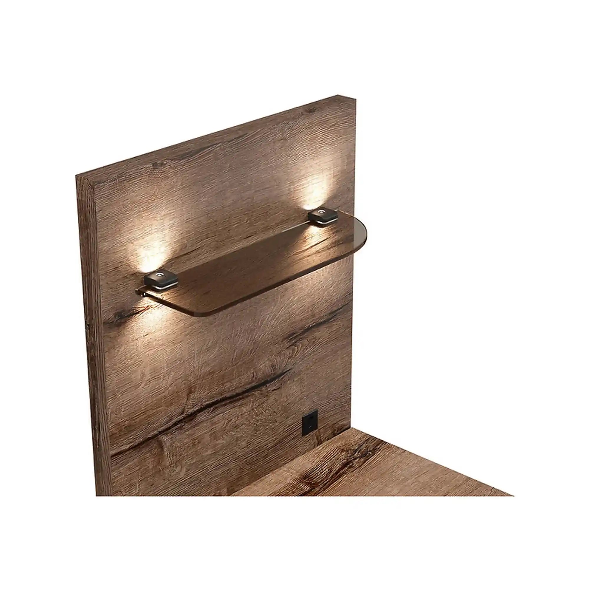 Pat KASSEL 160x200, nuc/negru, PAL/piele ecologica, cu somiera, spatiu depozitare, iluminare LED si 2 noptiere integrate