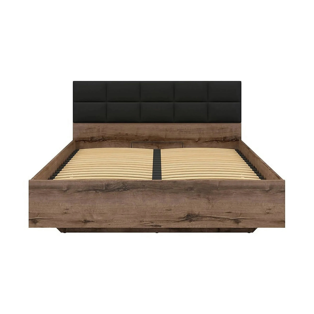 Pat KASSEL 160x200, nuc/negru, PAL/stofa, cu somiera si spatiu depozitare