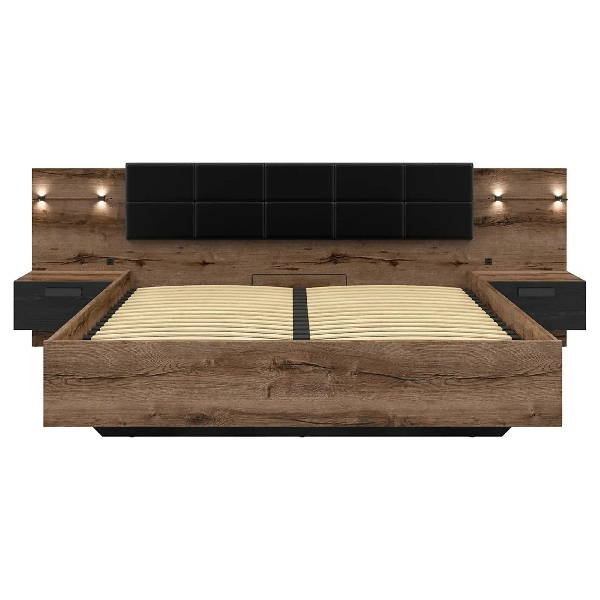 Pat KASSEL 180x200, nuc/negru, PAL/piele ecologica, cu somiera, spatiu depozitare, iluminare LED si 2 noptiere integrate