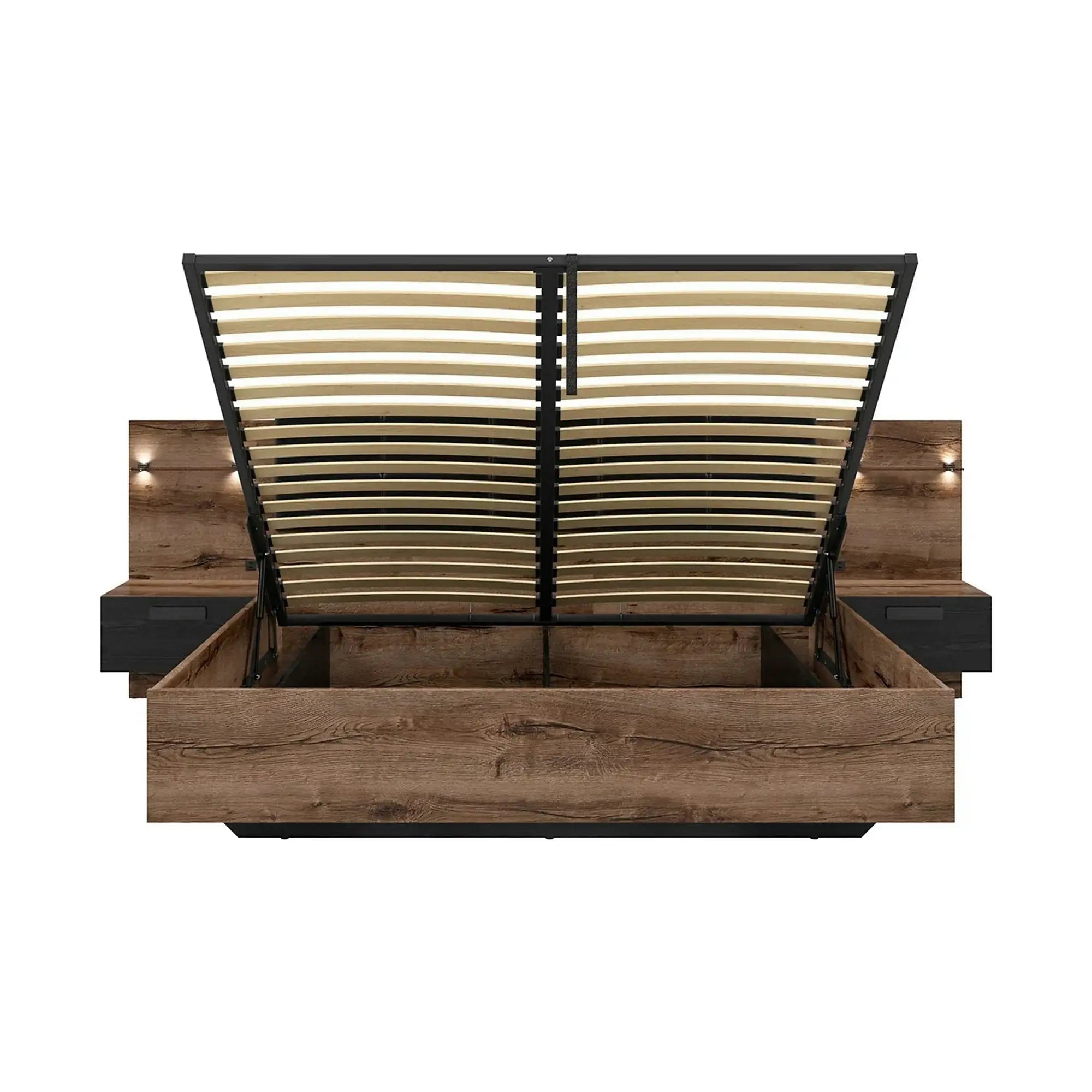 Pat KASSEL 180x200, nuc/negru, PAL/piele ecologica, cu somiera, spatiu depozitare, iluminare LED si 2 noptiere integrate