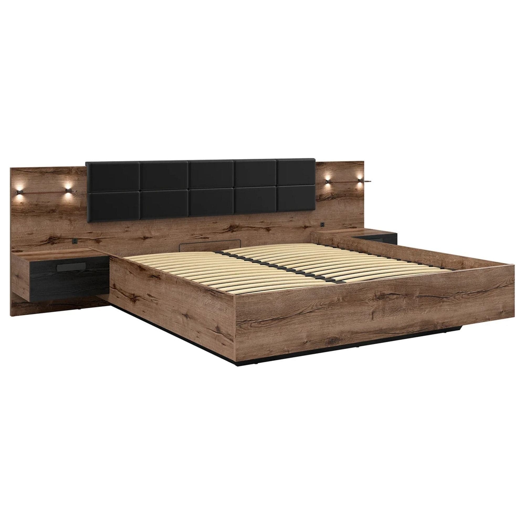 Pat KASSEL 180x200, nuc/negru, PAL/piele ecologica, cu somiera, spatiu depozitare, iluminare LED si 2 noptiere integrate