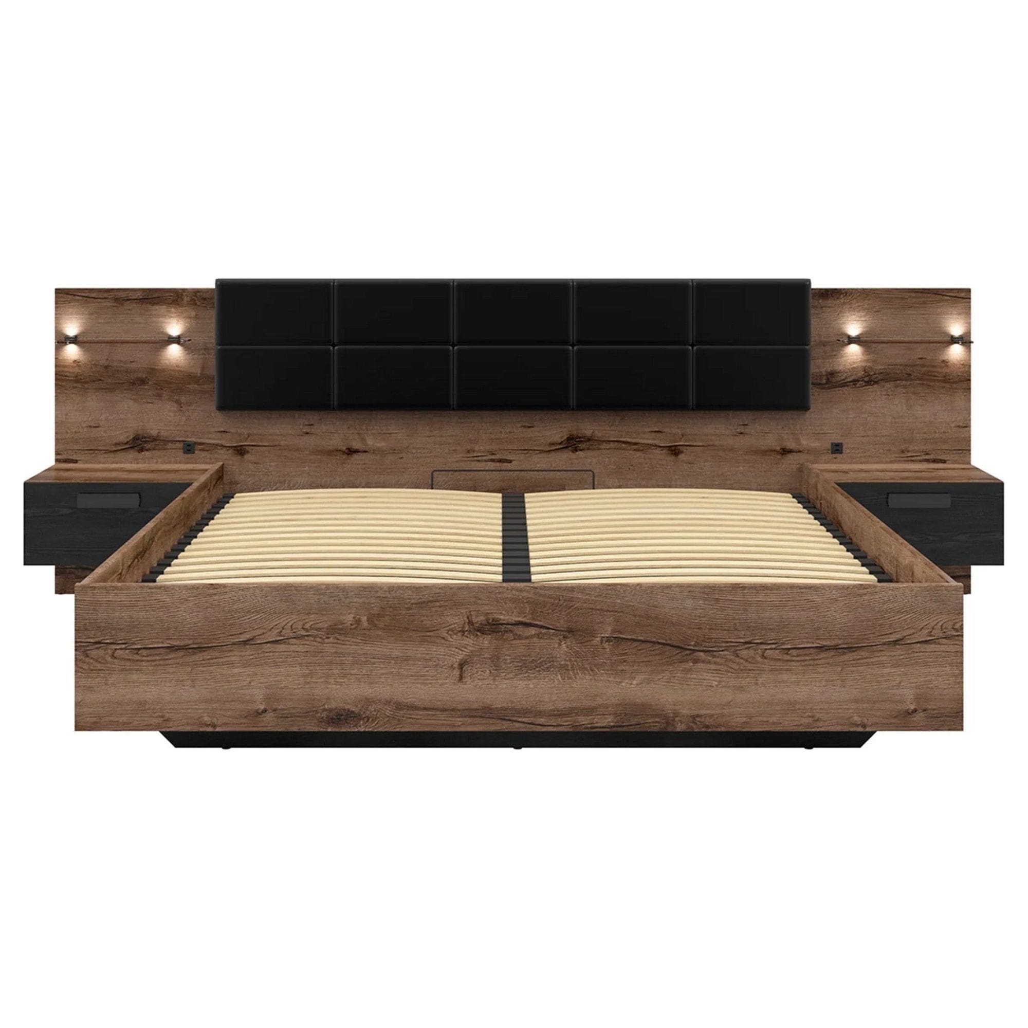 Pat KASSEL 180x200, nuc/negru, PAL/piele ecologica, cu somiera, spatiu depozitare, iluminare LED si 2 noptiere integrate