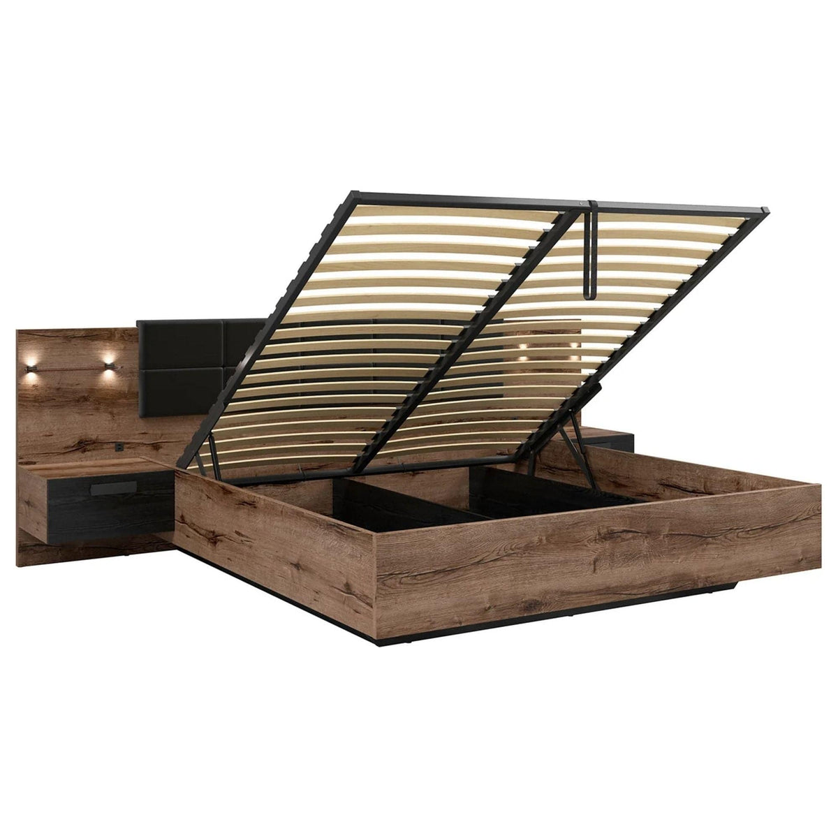 Pat KASSEL 180x200, nuc/negru, PAL/piele ecologica, cu somiera, spatiu depozitare, iluminare LED si 2 noptiere integrate