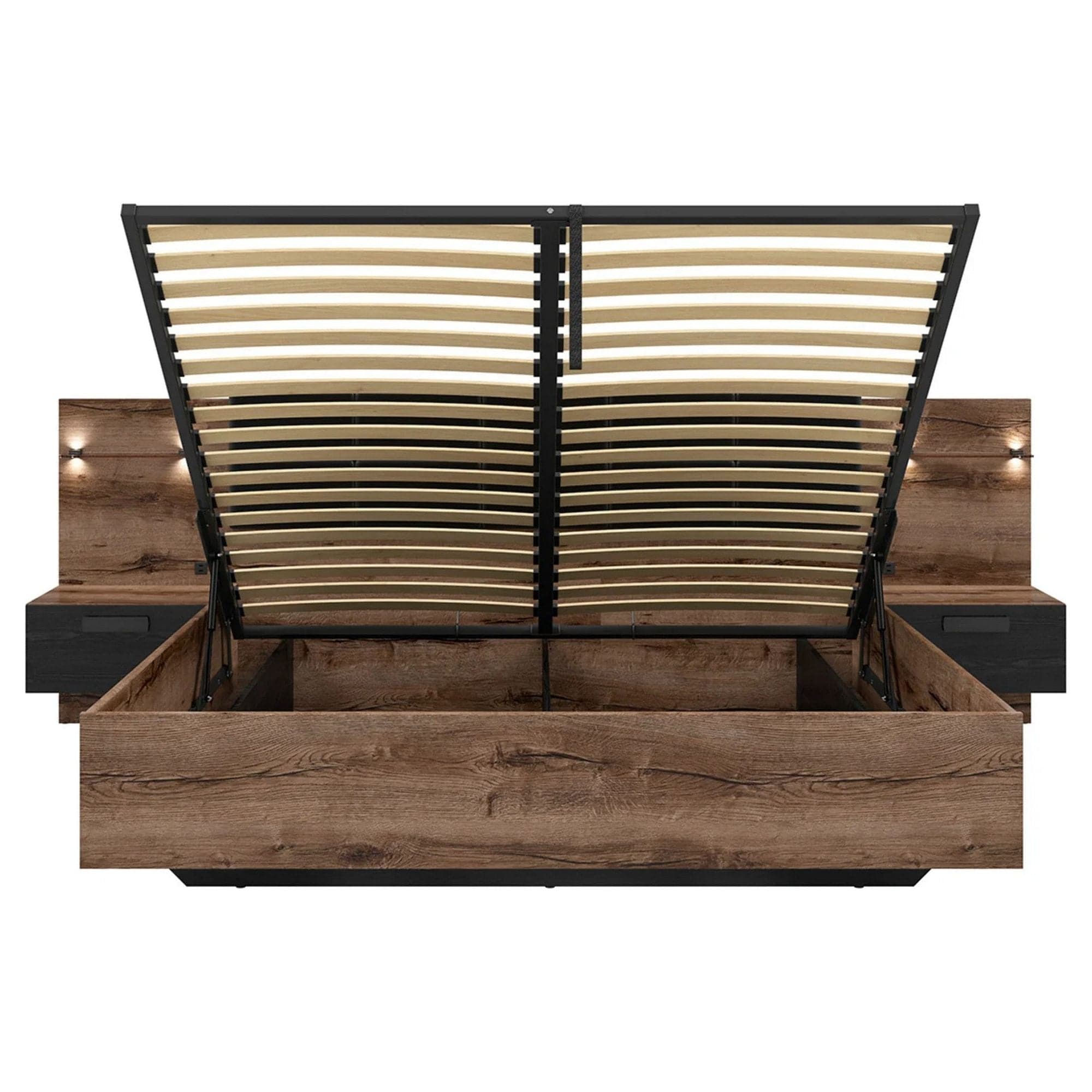 Pat KASSEL 180x200, nuc/negru, PAL/piele ecologica, cu somiera, spatiu depozitare, iluminare LED si 2 noptiere integrate