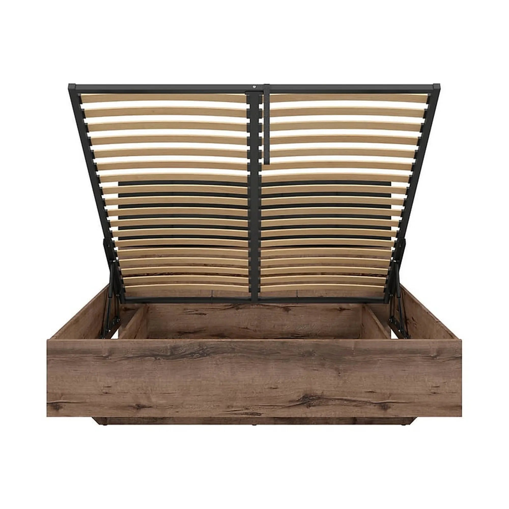 Pat KASSEL 180x200, nuc/negru, PAL/stofa, cu somiera si spatiu depozitare