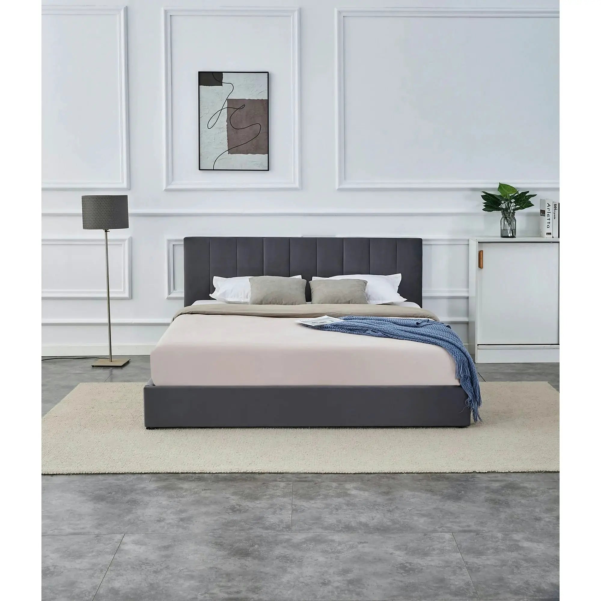 Pat KATARINA 160x200, stofa catifelata gri - Bluvel 14, cu somiera si lada depozitare