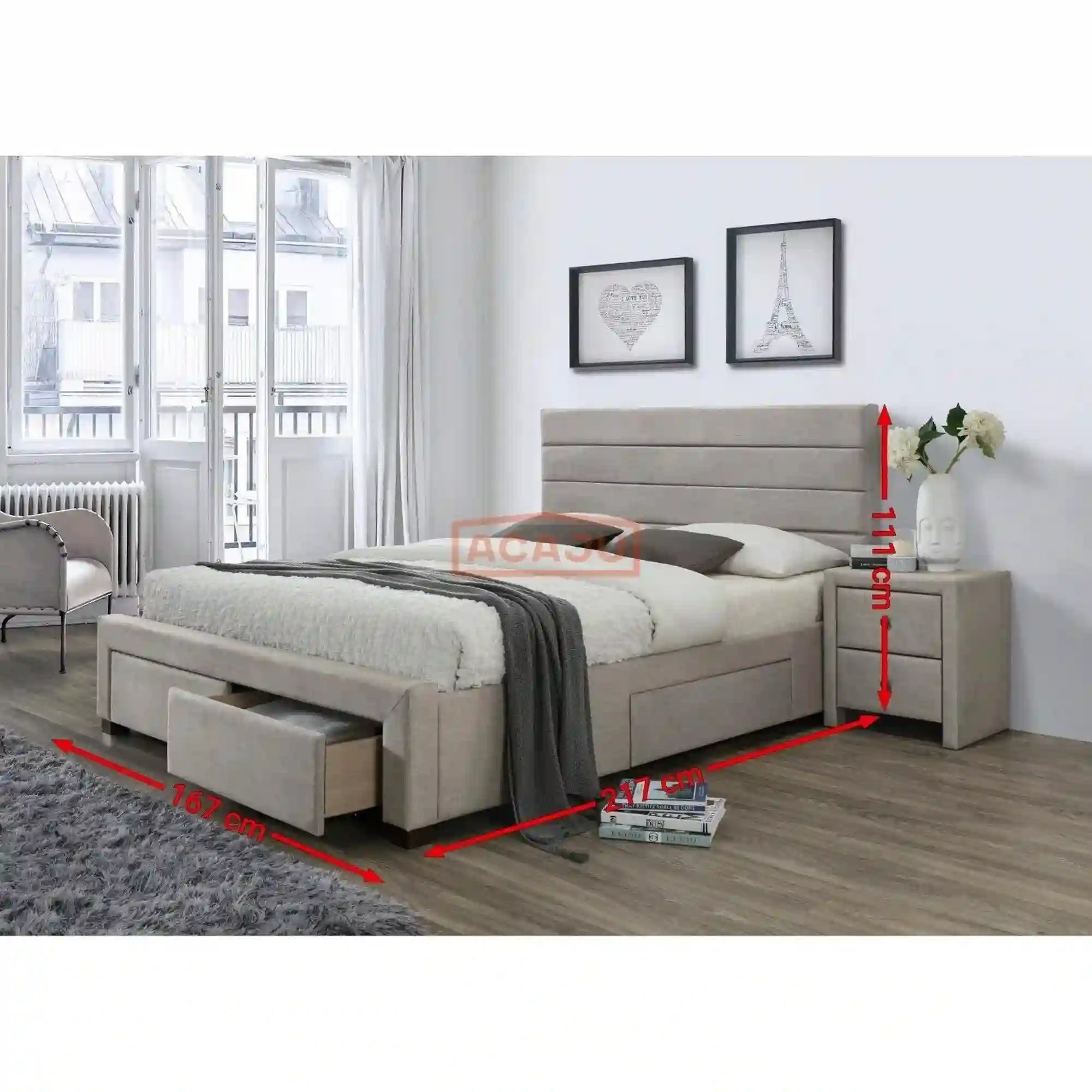 Pat Kayleon 160x200, stofa bej, cu somiera si spatiu depozitare