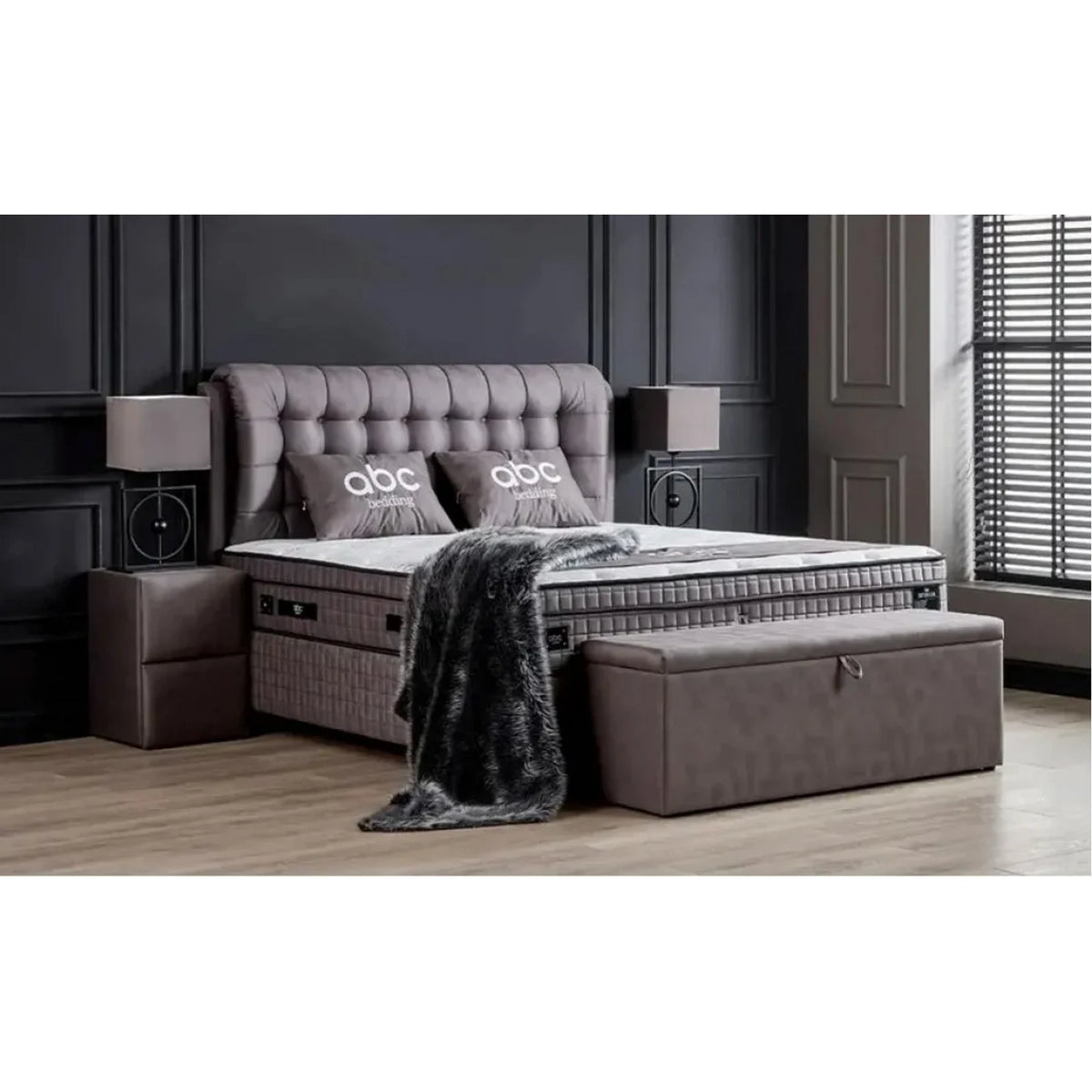 Pat matrimonial cu lada LATEKS COMFORT 160x200, stofa gri, somiera inclusa