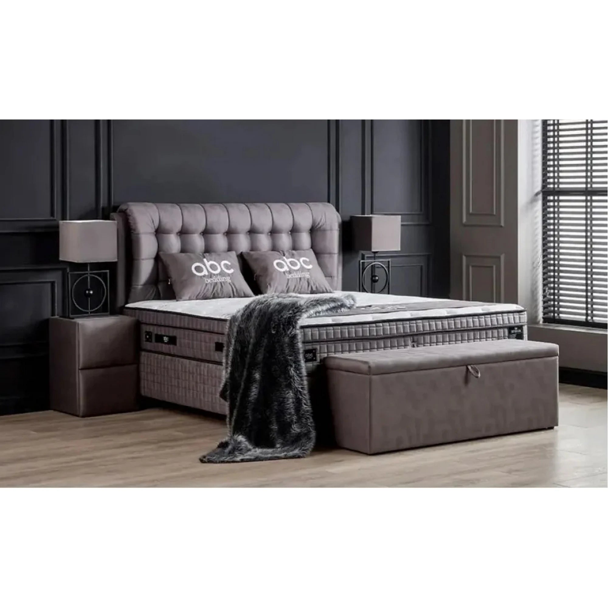 Pat matrimonial cu lada LATEKS COMFORT 160x200, stofa gri, somiera inclusa