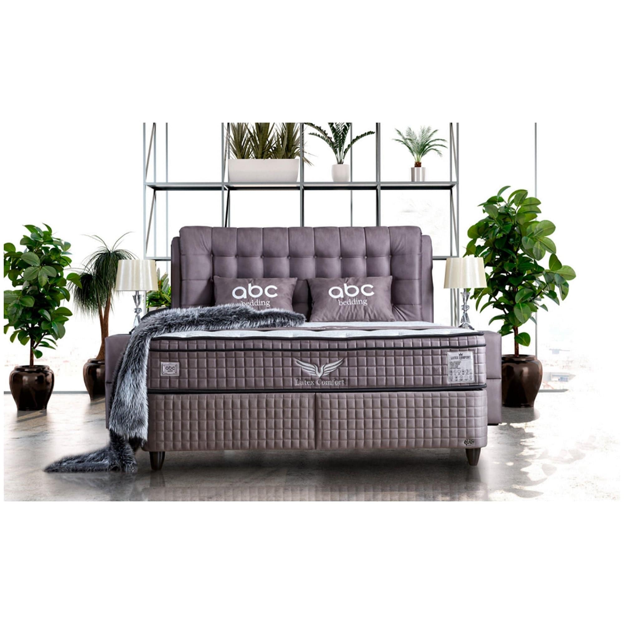 Pat Lateks Comfort 160x200, stofa gri, cu somiera si lada pentru depozitare