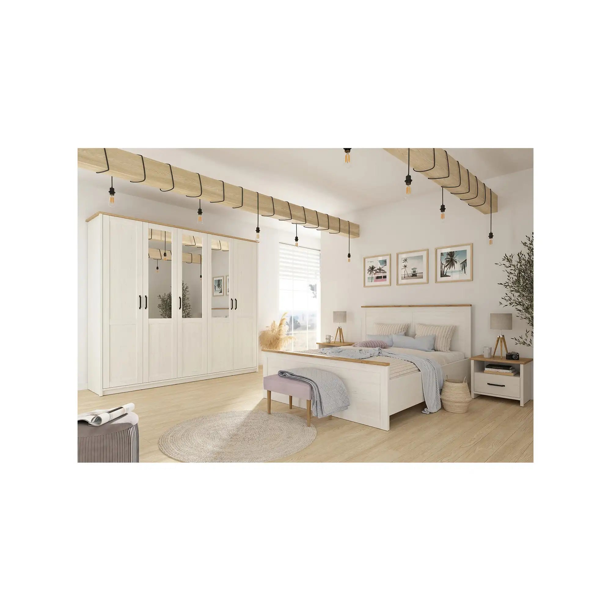 Pat LOKSA 160x200, pin alb/stejar grandson, PAL, cu somiera si spatiu depozitare