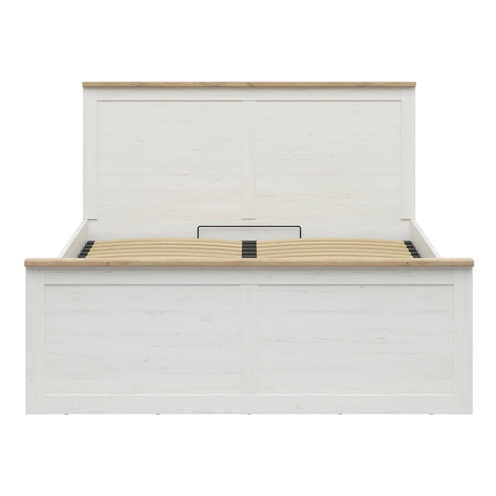 Pat LOKSA 160x200, pin alb/stejar grandson, PAL, cu somiera si spatiu depozitare
