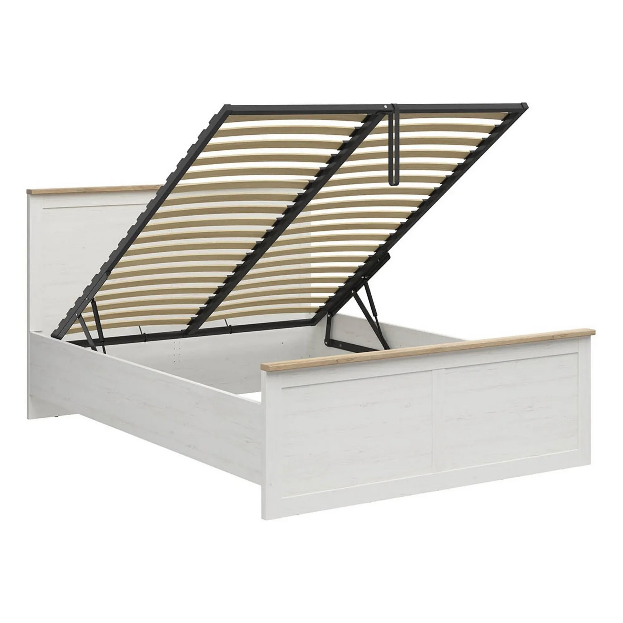 Pat LOKSA 160x200, pin alb/stejar grandson, PAL, cu somiera si spatiu depozitare