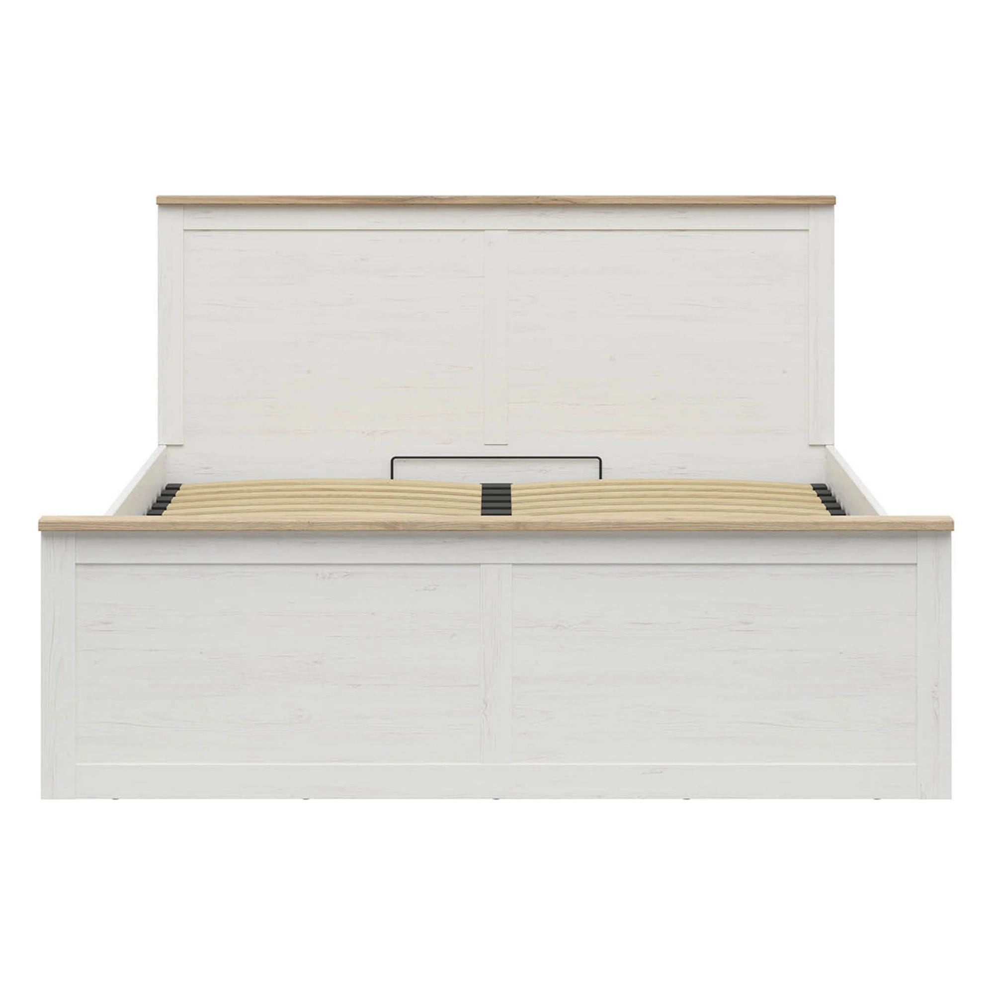 Pat LOKSA 180x200, pin alb/stejar grandson, PAL, cu somiera si spatiu depozitare