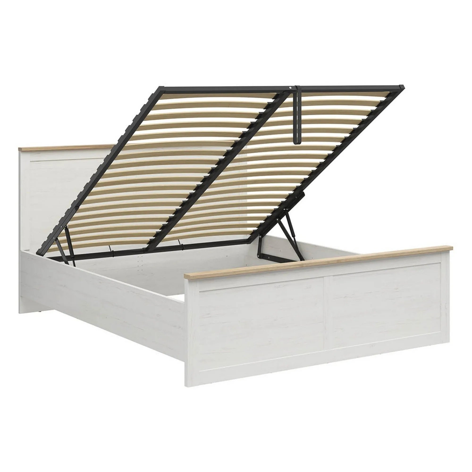 Pat LOKSA 180x200, pin alb/stejar grandson, PAL, cu somiera si spatiu depozitare