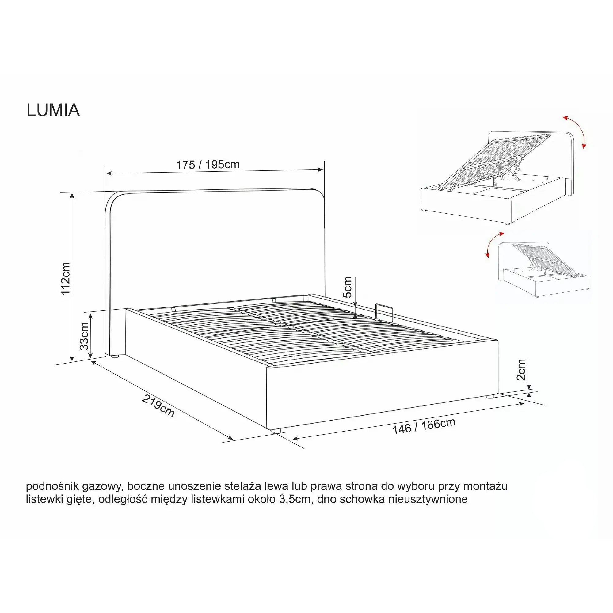 Pat LUMIA 140x200, bej închis, stofă, cu spațiu de depozitare
