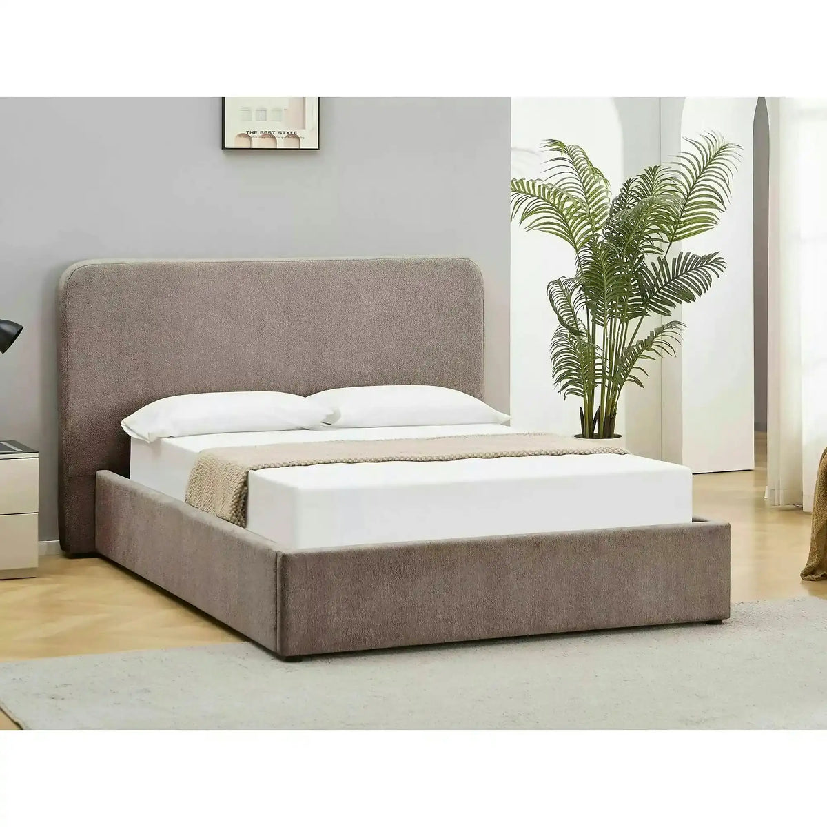 Pat LUMIA 140x200, bej închis, stofă, cu spațiu de depozitare