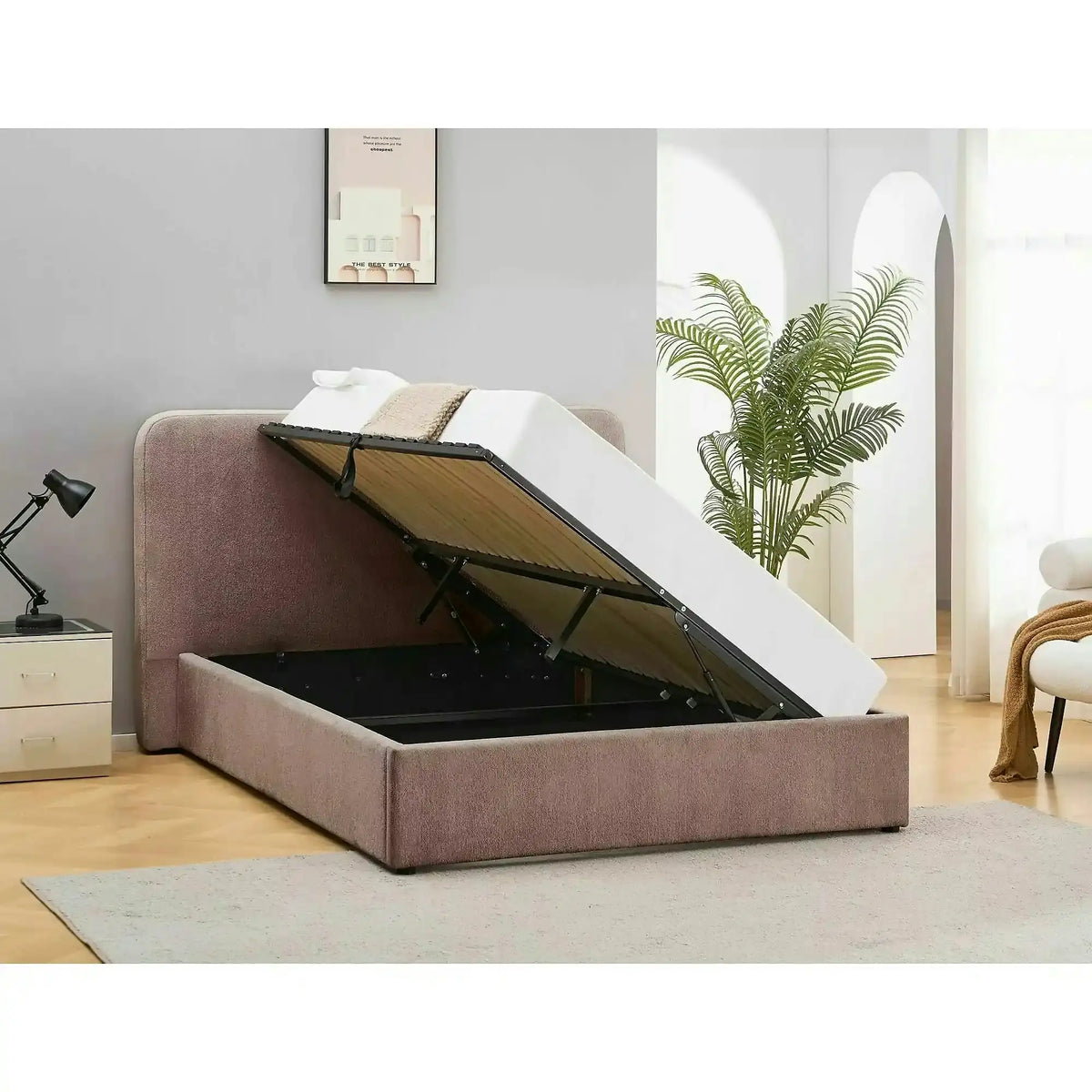 Pat LUMIA 160x200, bej închis, stofă, cu spațiu de depozitare