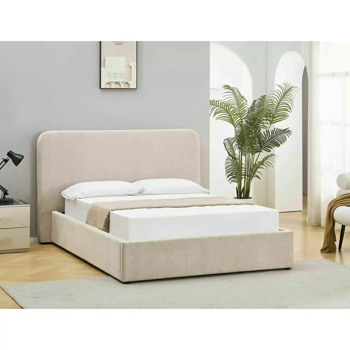 Pat LUMIA 160x200, bej, stofă, cu spațiu de depozitare