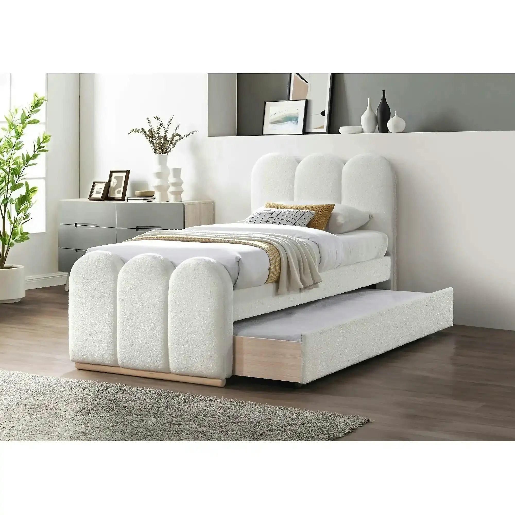 Pat MACARENA 90x200, crem, stofa boucle/lemn, cu somiera