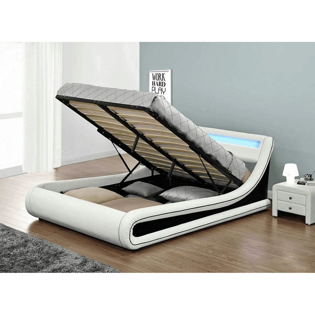 Pat MANILA NEW 160x200, alb/negru, PAL/piele ecologica, cu iluminare LED RGB, cu somiera si lada pentru depozitare