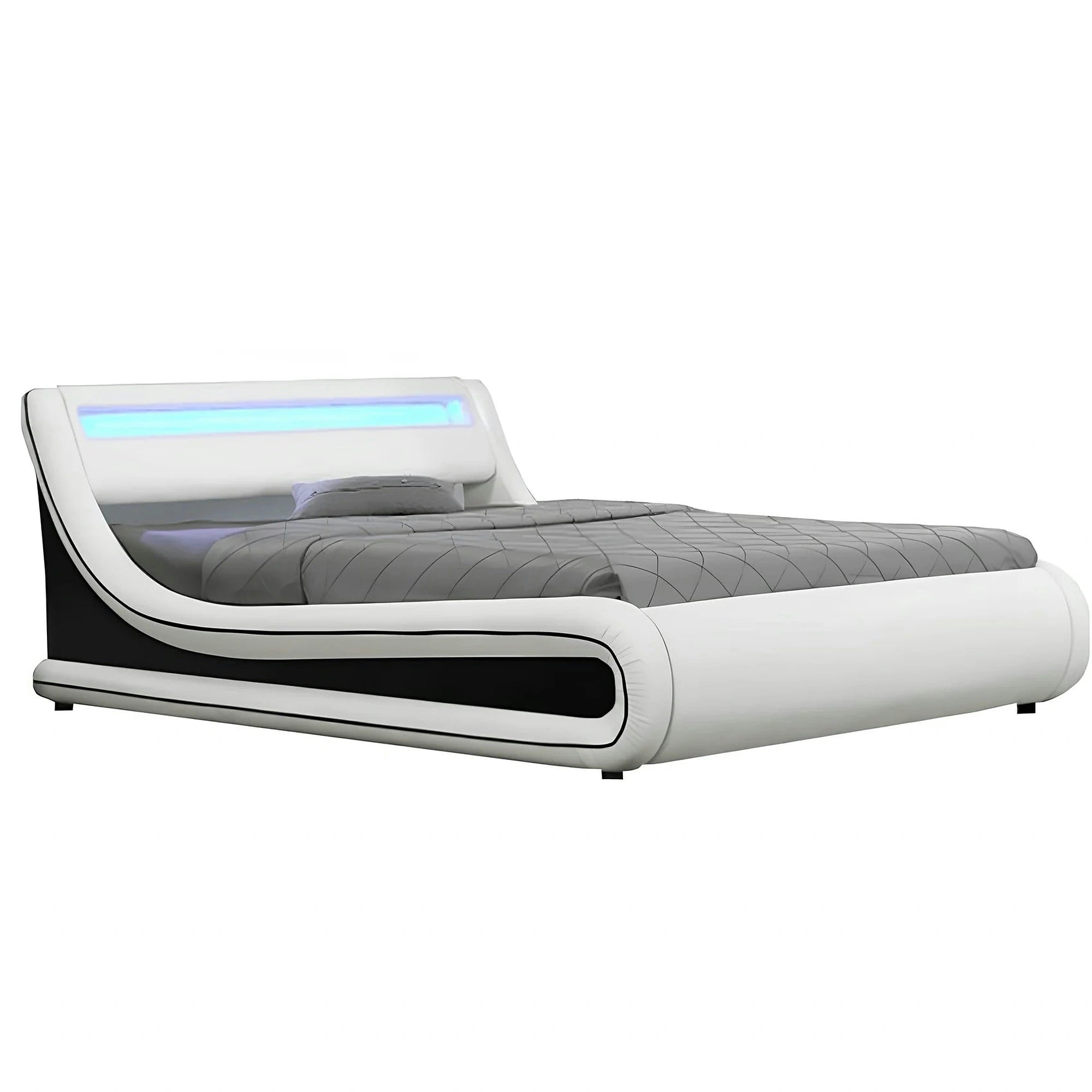 Pat MANILA NEW 180x200, alb/negru, PAL/piele ecologica, cu iluminare LED RGB, somiera si lada pentru depozitare