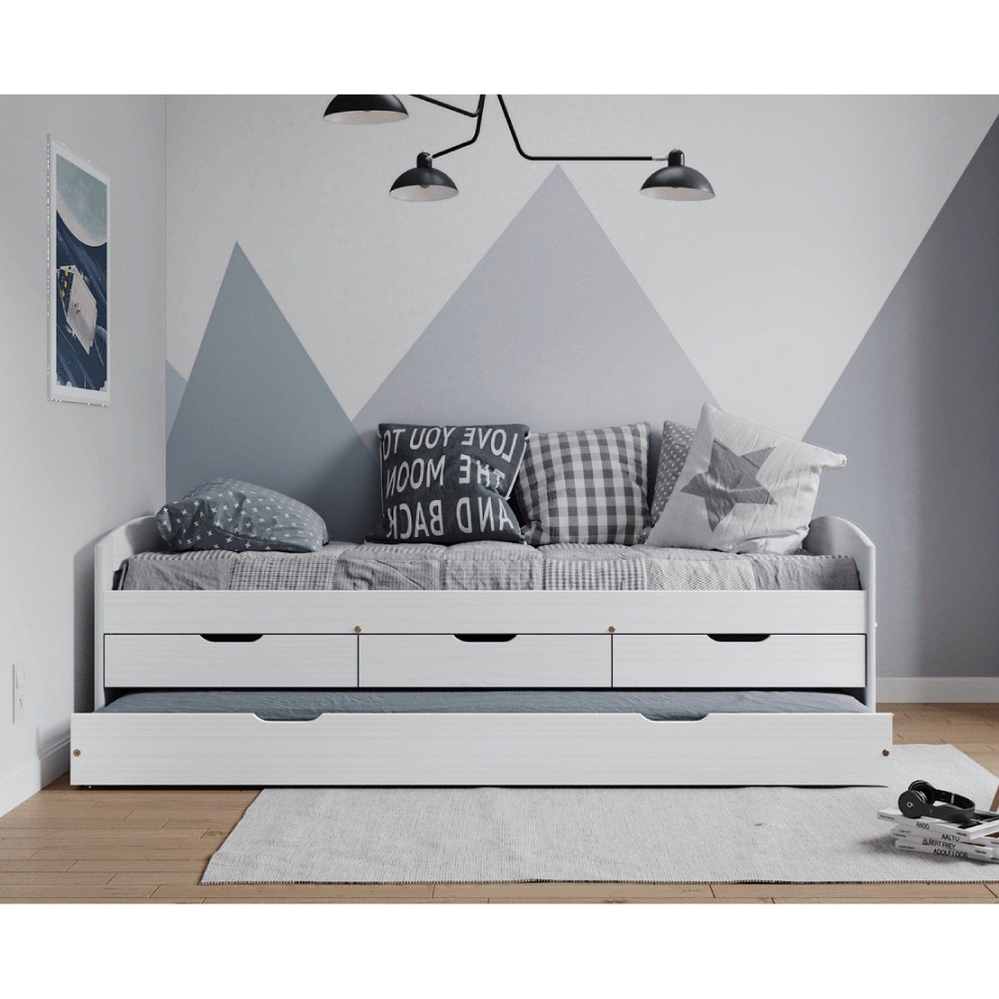 Pat MARINELLA NEW 90x200, alb, lemn, cu somiera si spatii depozitare