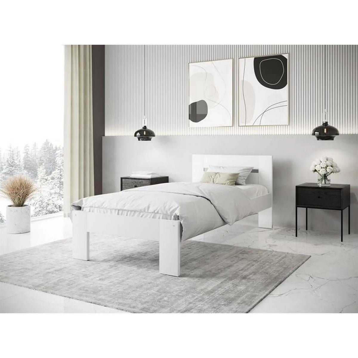 Pat MATILDA 90x200, alb, lemn de fag, cu somiera