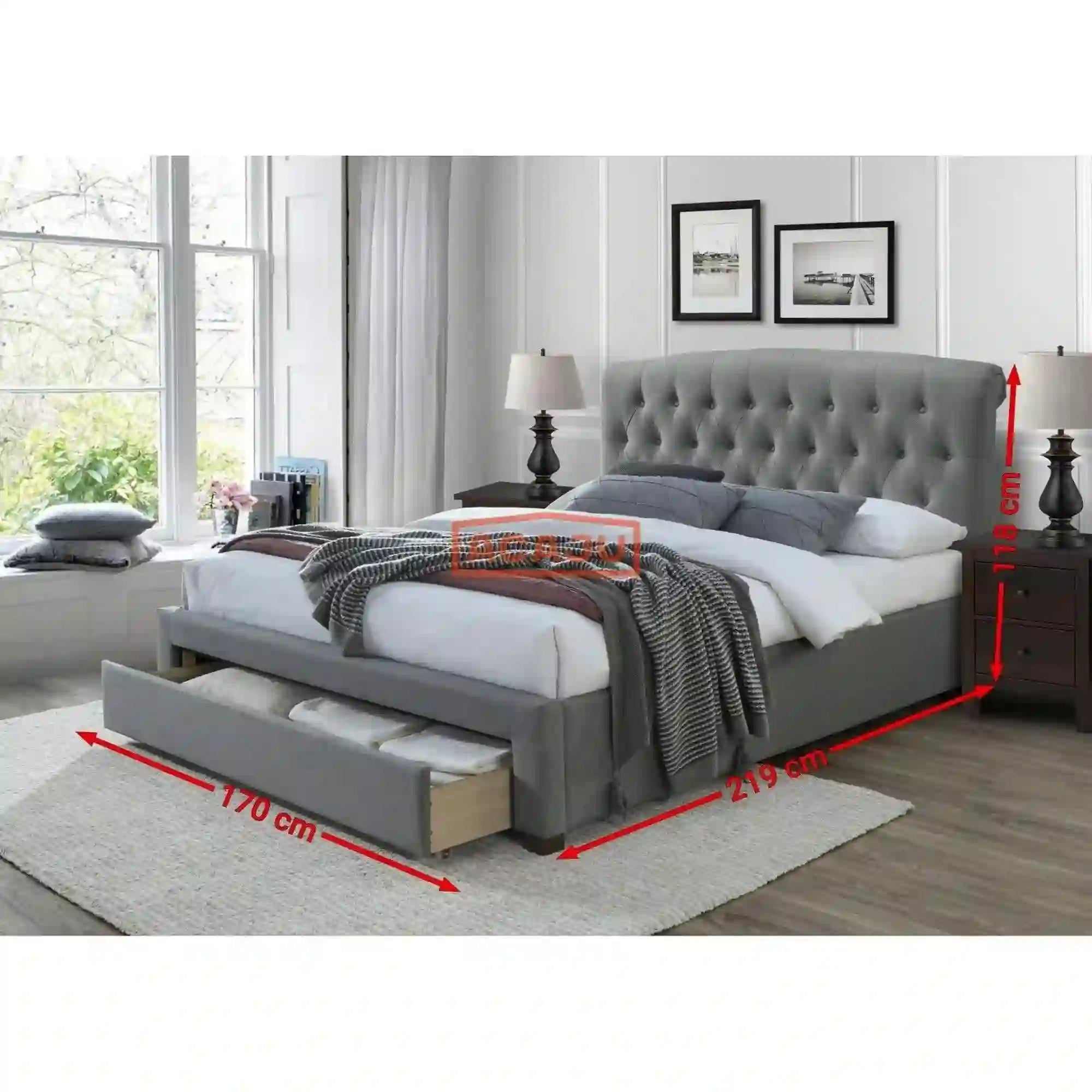 Pat matrimonial Avanti 160x200, stofa gri, cu somiera si spatiu depozitare