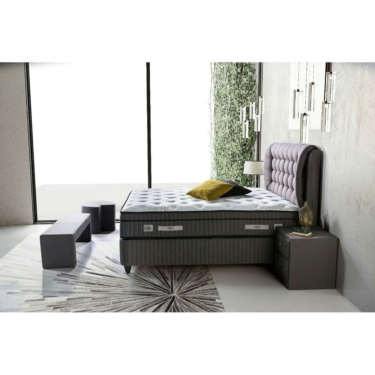Pat matrimonial cu lada Lateks Comfort 140x200, stofa gri, cu somiera
