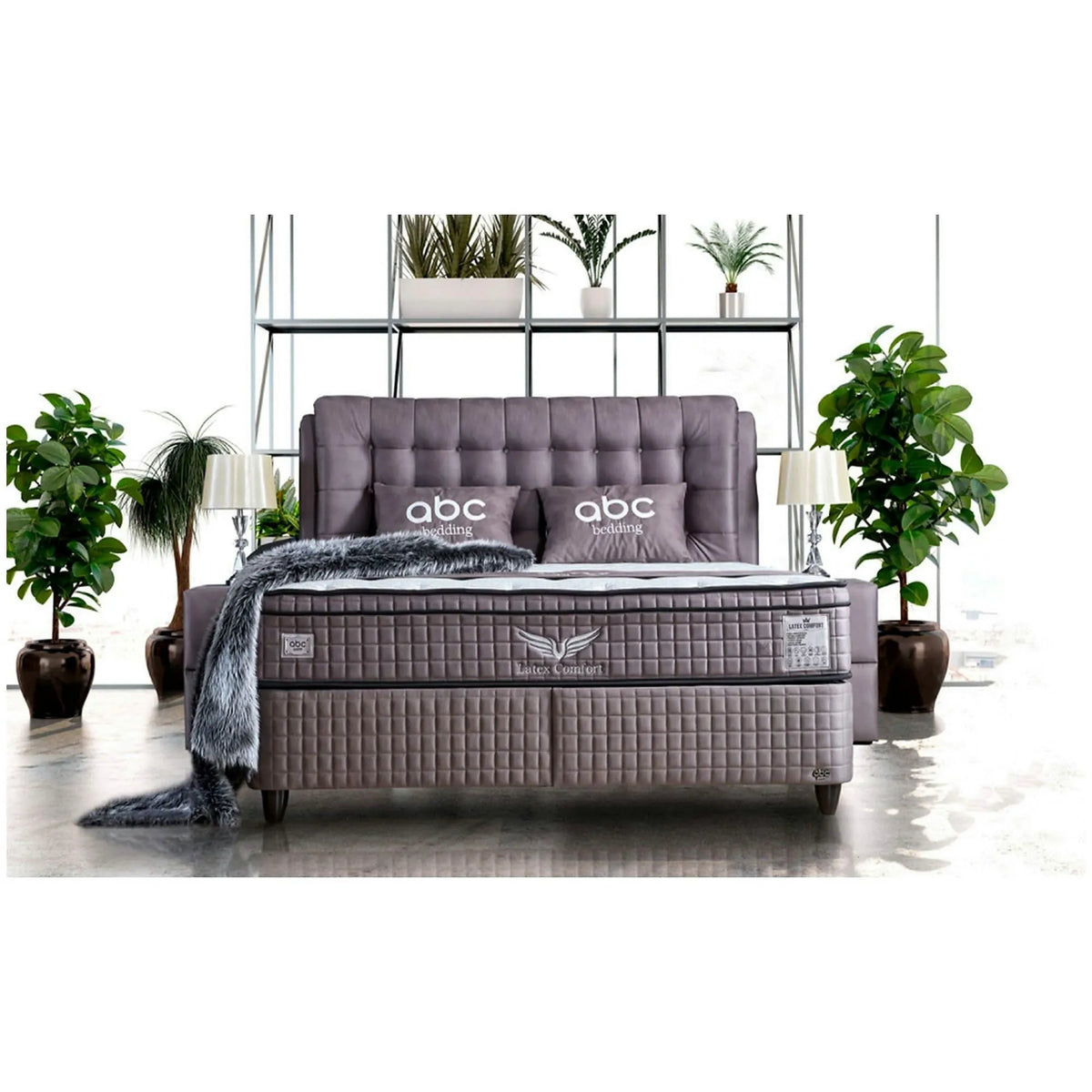 Pat matrimonial cu lada LATEKS COMFORT 160x200, stofa gri, somiera inclusa