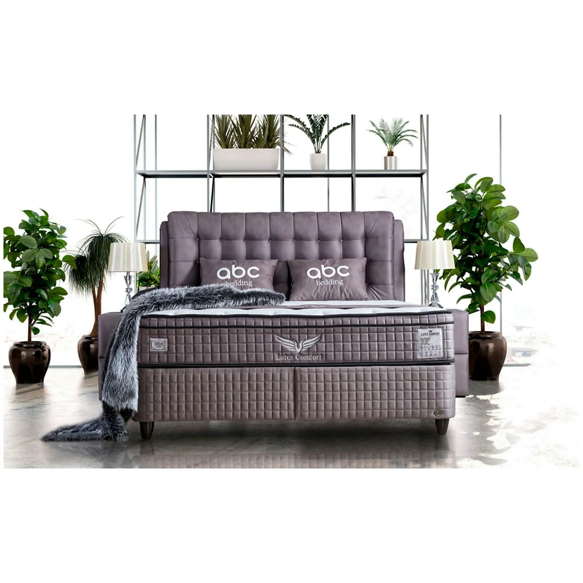 Pat matrimonial cu lada LATEKS COMFORT 160x200, stofa gri, somiera inclusa