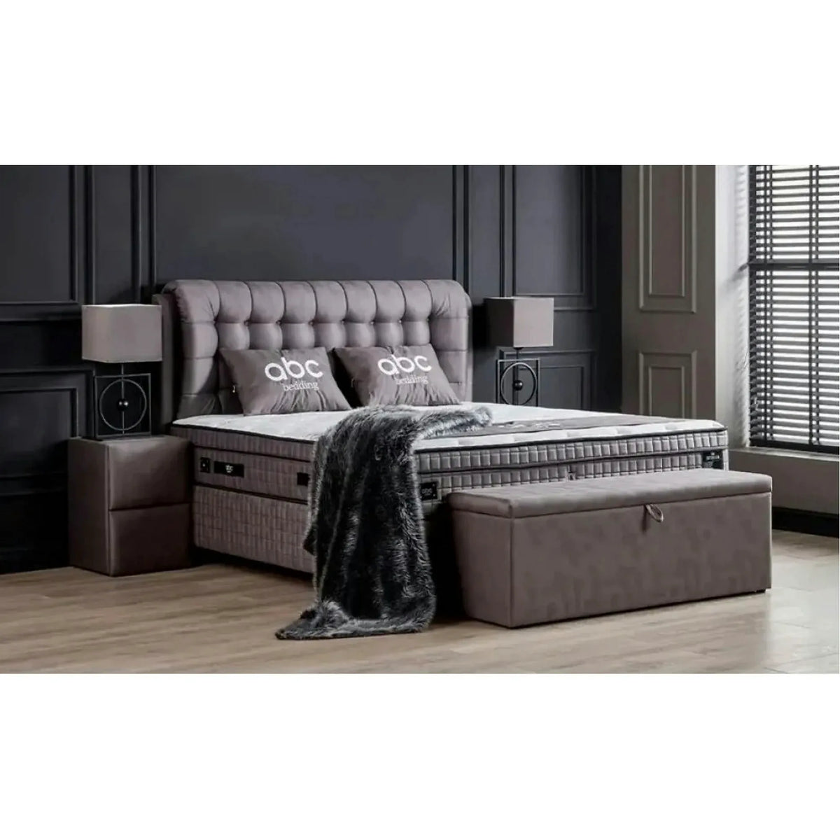 Pat matrimonial cu lada LATEKS COMFORT 160x200, stofa gri, somiera inclusa