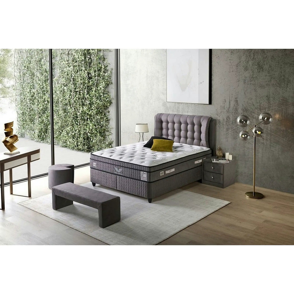 Pat matrimonial cu lada LATEKS COMFORT 160x200, stofa gri, somiera inclusa