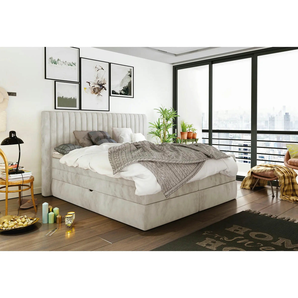 Pat MINOLA boxspring 180x200, stofa catifelata bej - Riviera 16, cu saltele, topper si 2 lazi pentru depozitare