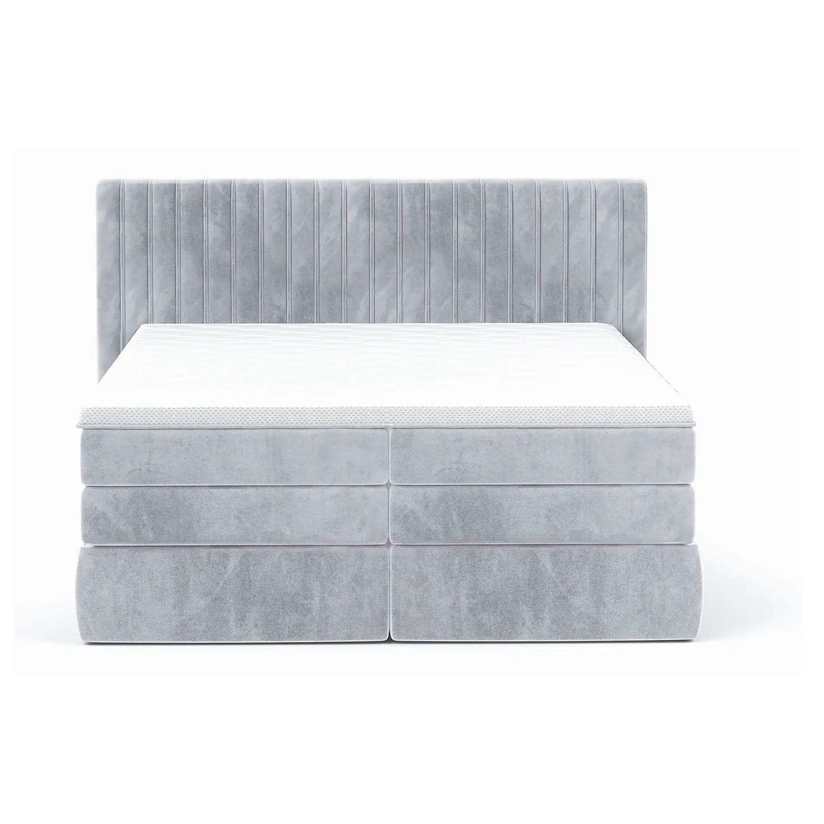 Pat MINOLA boxspring 180x200, stofa catifelata bej - Riviera 16, cu saltele, topper si 2 lazi pentru depozitare