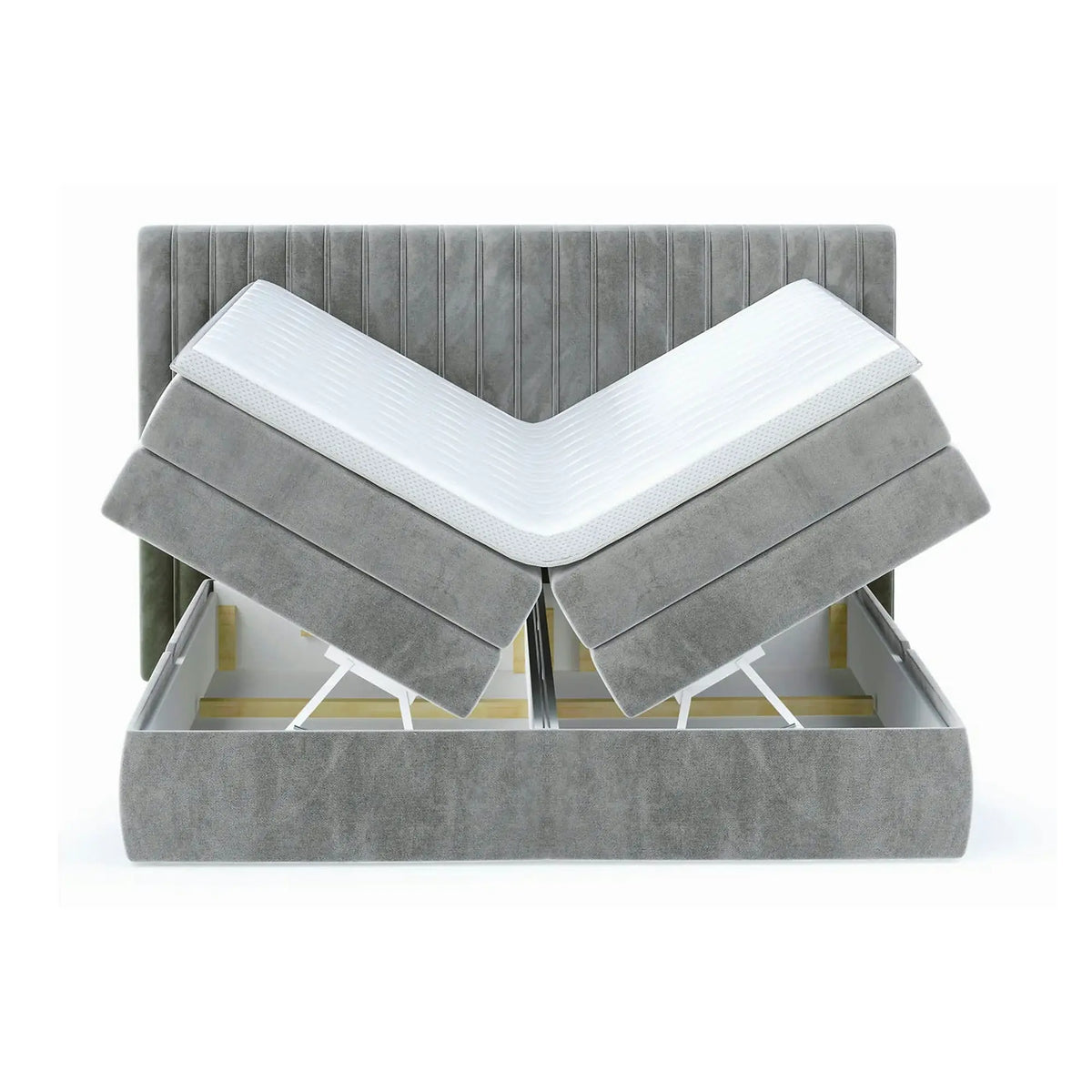 Pat MINOLA boxspring 180x200, stofa catifelata bej - Riviera 16, cu saltele, topper si 2 lazi pentru depozitare