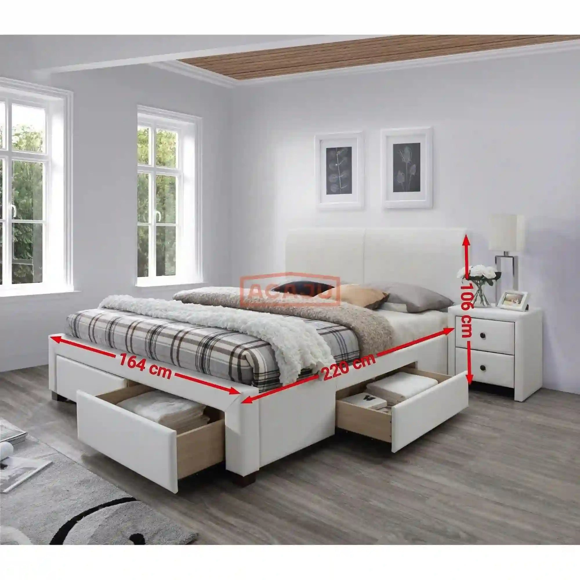 Pat Modena 2 160x200, alb, piele ecologica, cu somiera si spatiu depozitare